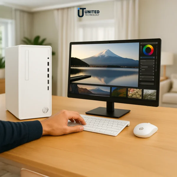 HP desktop tower on white desk setup for modern home office