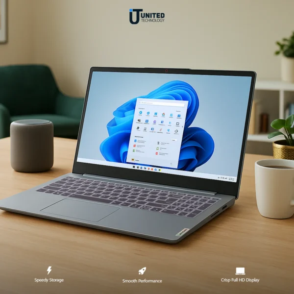 Close-up of the Ryzen 5 sticker and keyboard on IdeaPad Slim 3