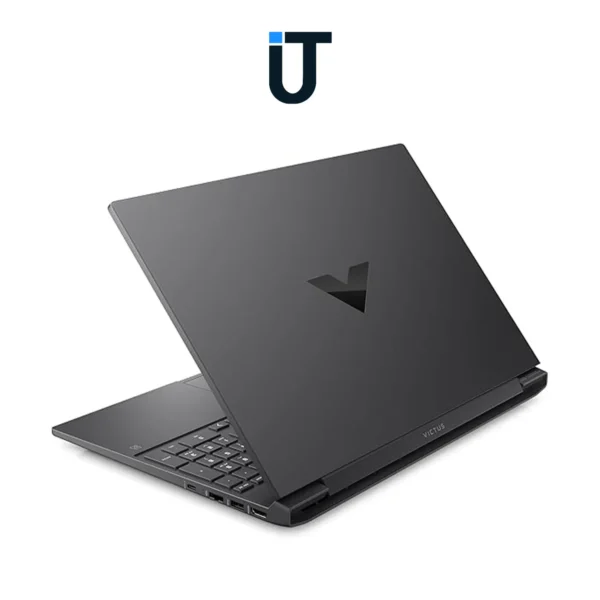 Victus gaming laptop on desk with LED setup