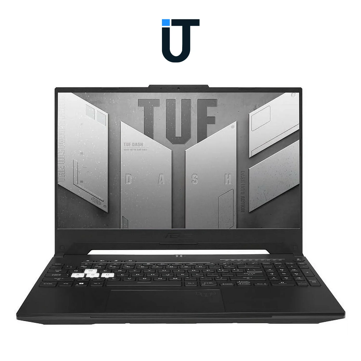 ASUS TUF Dash F15 slim design shown with closed lid on desk