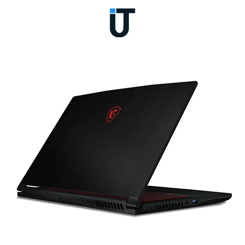 MSI GF63 thin gaming laptop with red backlight in low-light setup