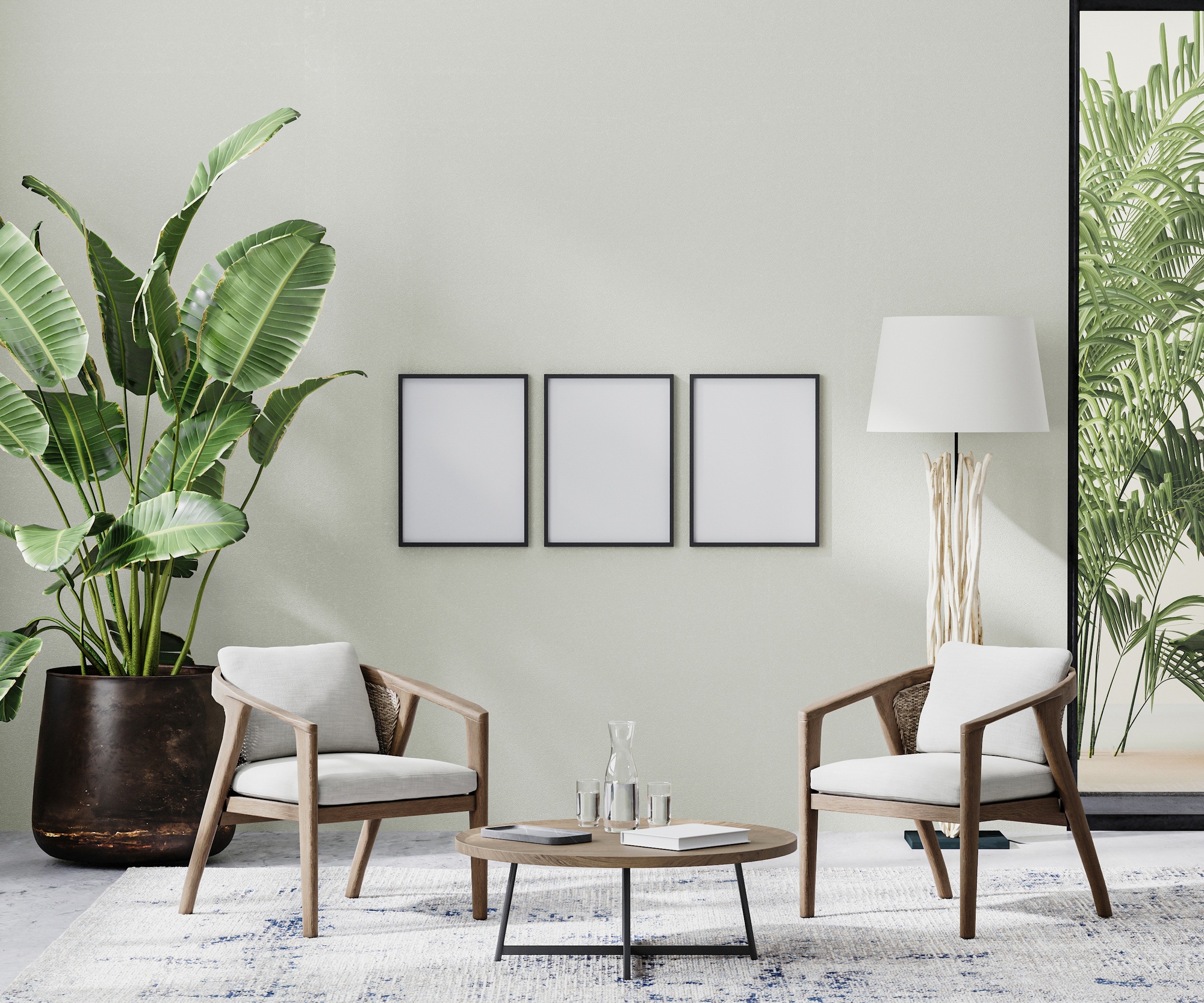 Modern living room with minimalist décor, featuring three wall-mounted frames—perfect inspiration for those looking to buy digital photo frames online.