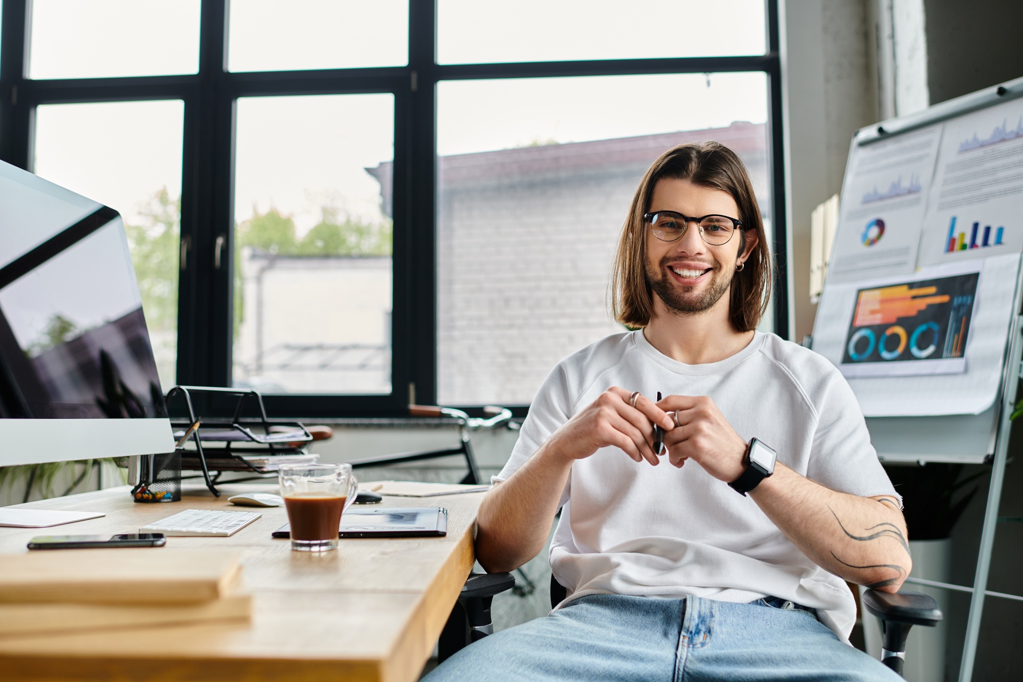 Creative professional sitting in a modern office equipped with high-performance tools, showcasing stylish and functional creative workstations for sale.

