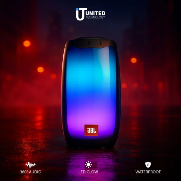 JBL Pulse 4 speaker on beach with sound waves – United Tech Deals Georgia