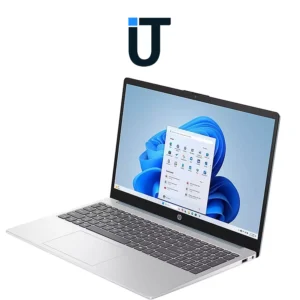 HP touchscreen laptop on desk with Windows 11
