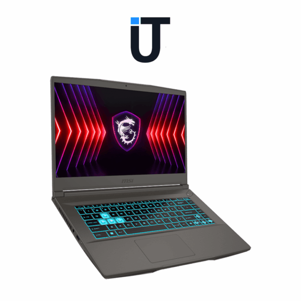 MSI laptop in Cosmos Gray with backlit keyboard open on desk
